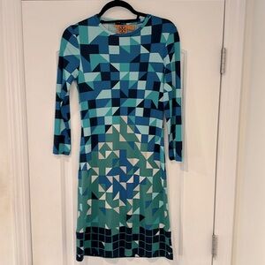 Tory Burch 100% Silk Geometric Print 3/4 Sleeve Mini Dress Blue Green XS
